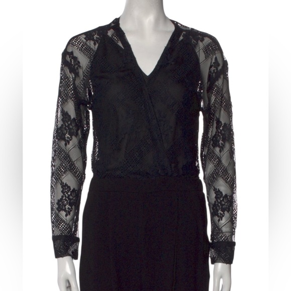 Maje Black Lace Jumpsuit with Sheer Sleeves xs straight leg cropped fairycore - Picture 6 of 7